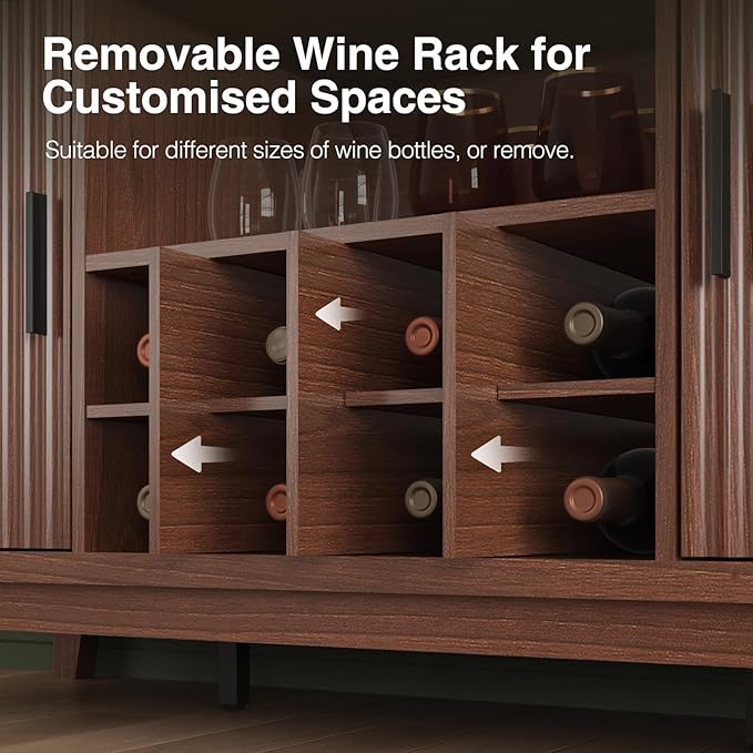 Fluted Buffet Cabinet with Storage, Modern Coffee Bar Cabinet with Outlet, Removable Wine Rack, Multi-Functional Accent Liquor Cabinet for Living Room, Entryway, Kitchen, Walnut