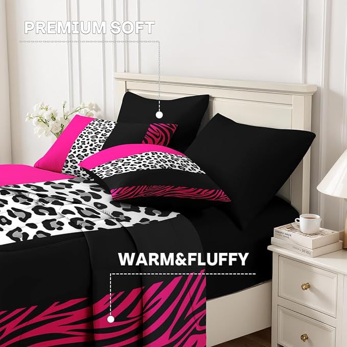Nesker Comforter Set King Size, Leopard Color Block Pink 7 Pcs Bedding for Kids and Adults, Wild Zebra Print Bed Sheet Sets with Fitted Sheet 2 Pillowcases & 2 Shams
