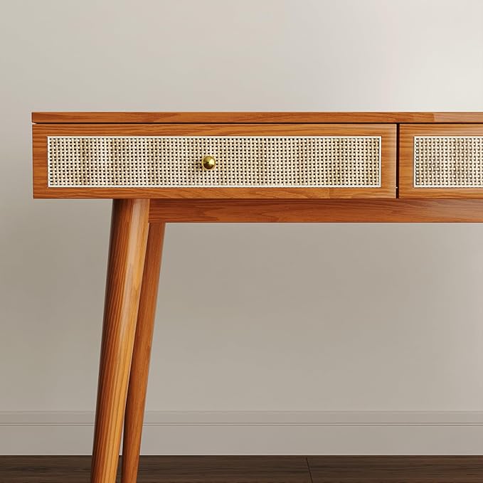 Mid-Century Modern Solid Wood Desk with Drawers – 45 inch Small Boho Rattan Writing Desk for Home Office, Minimalist Design Natural Wood Legs Table for Workspace Elegance