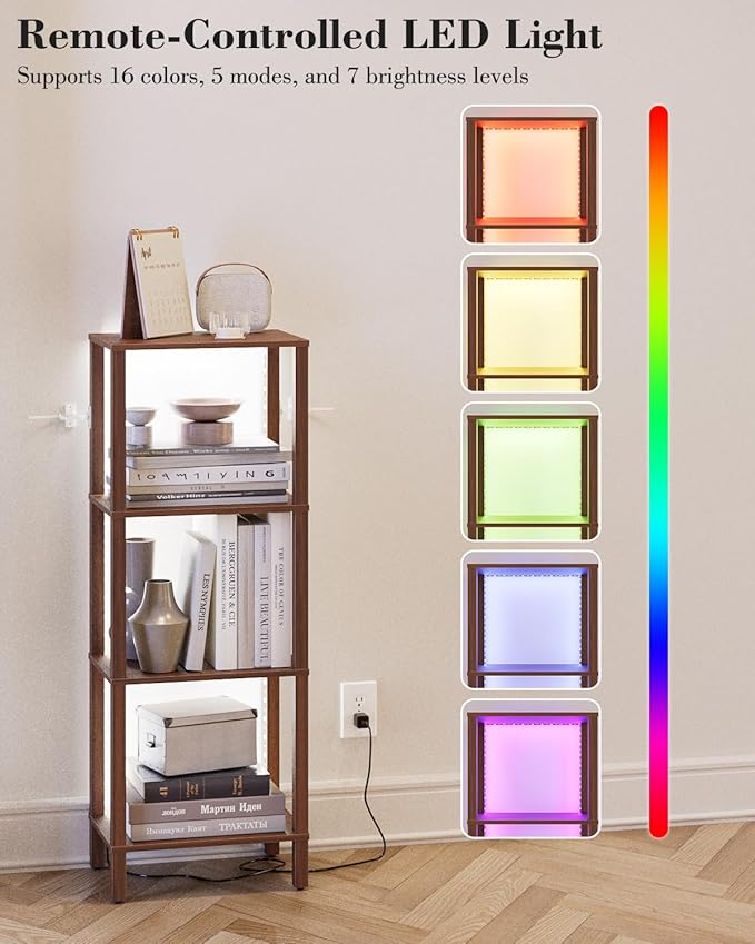 Open Book Shelf with LED Lights, 4 Tier Small Bookshelf, Freestanding Shelf Narrow Bookcase with Open Shelves, 14.96" x 10.63" x 41.26", Book Shelves for Living Room, Office, Study, Walnut