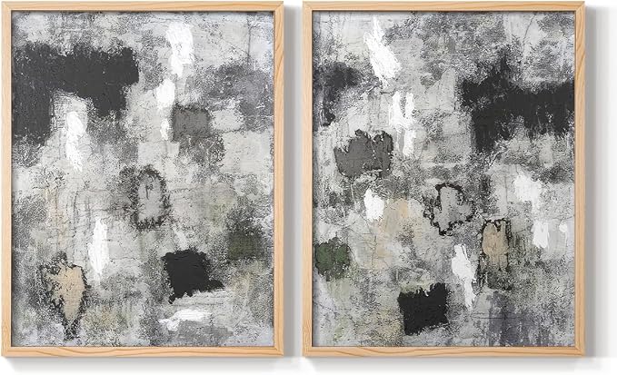 Renditions Gallery Set of 2 Peel & Stick Framed Prints, Abstract Wall Art, Hand Painted Black and White Pattern Wall Decor, Re-Stickable - Ready to Hang - 16"x20" - NATURAL WOOD Frame LT588