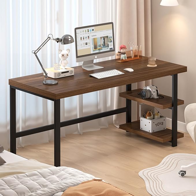 FOLUBAN Modern Computer Desk for Home Office, Large Writing Table with Storage Shelves, Wood and Metal Study Gaming Desk Workstation for Living Room, Rustic Walnut, 60 Inch