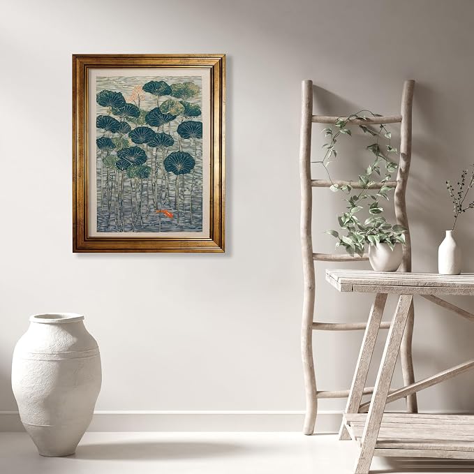 Gold Framed Lotus And Koi Canvas Poster Japanese Floral Botanical Pond Wall Art Retro Oriental Asian Prints Decor for Bedroom Zen Meditation Room Home 16x24 inch