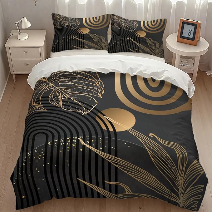Mid Century Leaf Bedding Set,Dark Black Gold Abstract Tropical Plant Minimalist Modern Geometric Palm Leaf Simple Comforter Duvet Cover Set with Pillowcase for Bedroom Bed Decor，Twin 86"x70"