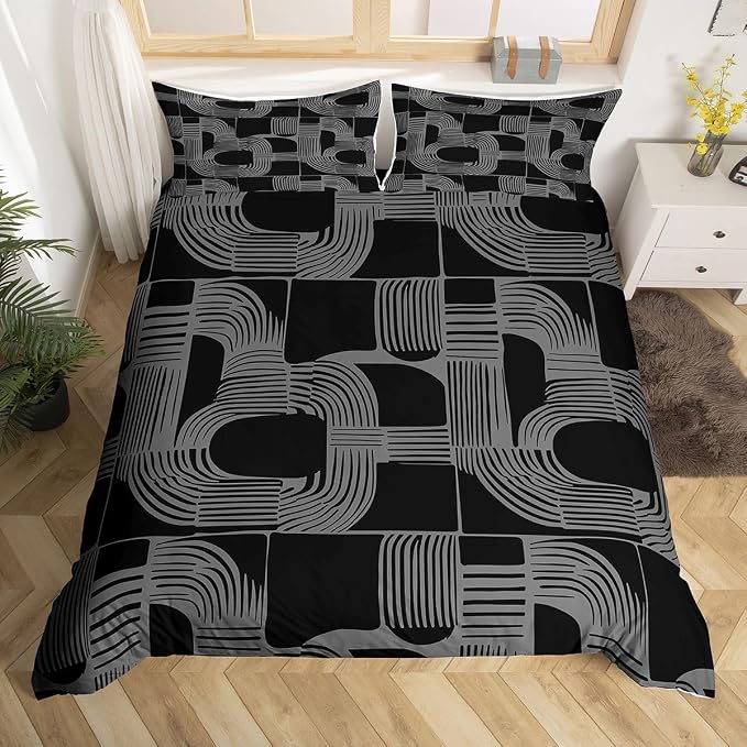 Erosebridal Black and Gray Toddler Bedding Set Boys Bohemian Geometric Comforter Cover for Kids Teens Youth Adult Mid Century Abstract Duvet Cover Boho Stripes Minimalist Bed Sets with 1 Pillow Case