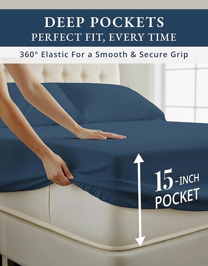 LANE LINEN 100% Egyptian Cotton Bed Sheets Twin Size, Long Staple Mercerized Cotton Bedding Sheets, Luxury Hotel Like Thick 15 inch Deep Pocket Sheets Set, Reinforced French Seams - Estate Blue