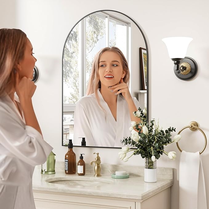 Black Arched Bathroom Mirror for Wall 30"X20" Wall Mirror for Living Room, Bedroom, Bathroom, Dressing Room Hanging Vanity Mirror for Wall Decoration.