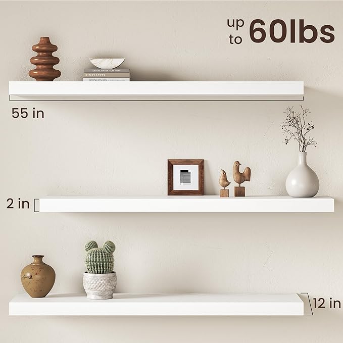 White Floating Shelves 55Inch Long, 12 Inch Deep Floating Shelves for Wall, 55 x 12 Large Floating Shelf for Fireplace Mantel, 2" Thicked Rustic Wall Shelves for Living Room, Bedroom Storage, 2 Packs