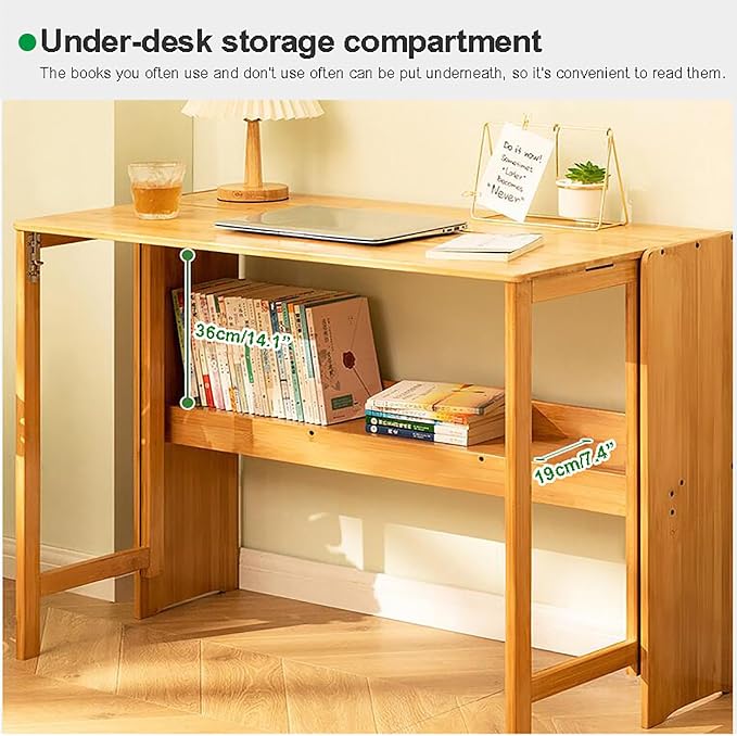 Solid Wood Folding Desk, Mid Century Modern, Home Office Study Desk with Storage Shelf (83cm/32.6", Natural)