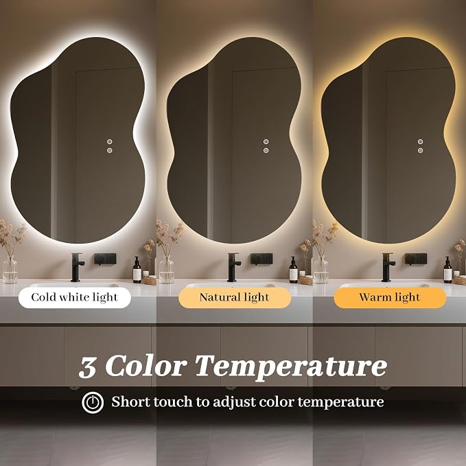 WallBeyond 36"x24" Irregular LED Bathroom Mirror with Lights, Asymmetrical Backlit Vanity Mirror for Powder Room or Makeup Area, Dimmable & Anti-Fog, Dual Mounting