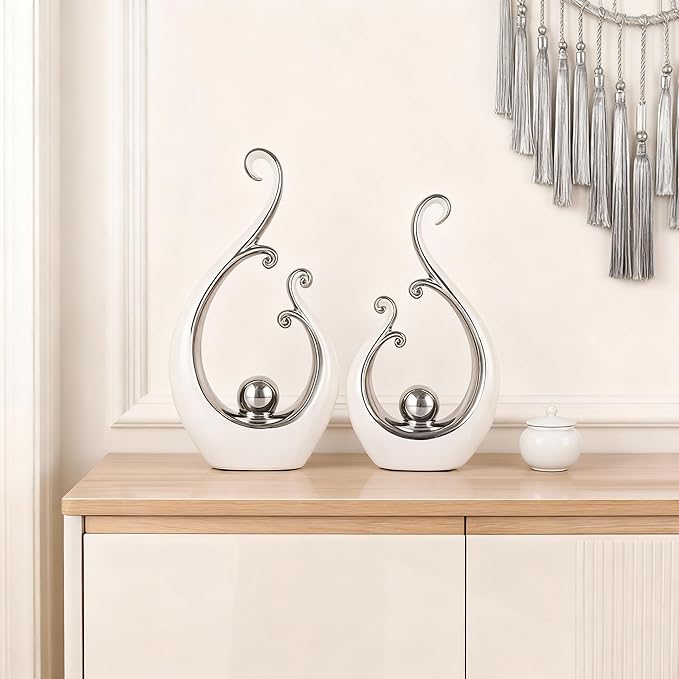 DOVDOV White and Silver Home Decor, Abstract Ceramic 2-Piece Sculpture Set, Modern mid-Century Art Statues, Perfect for Accent Tables, countertops, Coffee Tables, and entryway Decor.