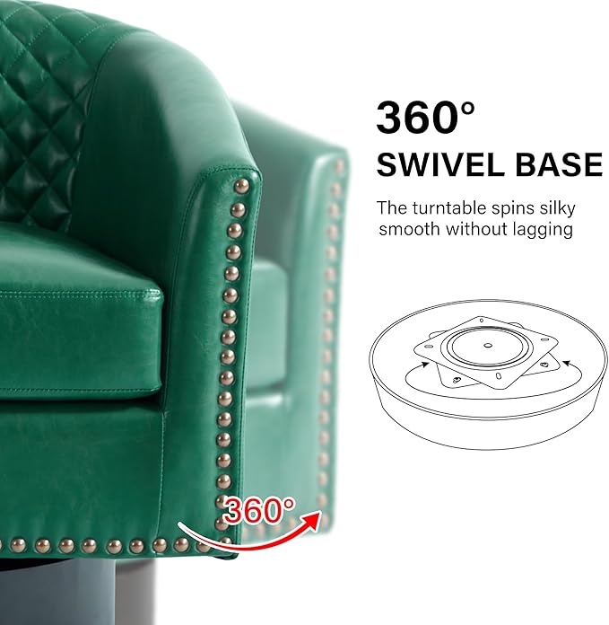 Swivel Barrel Accent Chair, Comfy Modern Upholstered Round Faux Leather Arm Chair for Living Room, Bedroom（Green, Set of 2