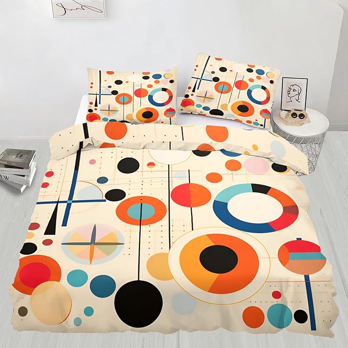 Retro Mid Century Duvet Cover Queen Size, Vintage Geometric Bedding Set 3 Piece Bedroom Decor Abstract Colorful Comforter Cover with Zipper Ties & 2 Pillowcases