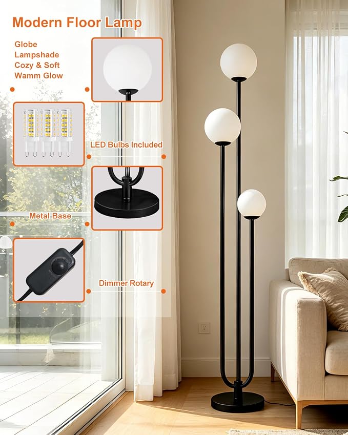 Lightdot 63IN Black Floor Lamp Dimmable with Mid Century Standing Lamps, 3000K Warm White Bulbs Included, Modern Globe Floor Lamp with 5Lbs Heavy Base for Living Room/Bedroom/Sofa Beside/Corner Decor