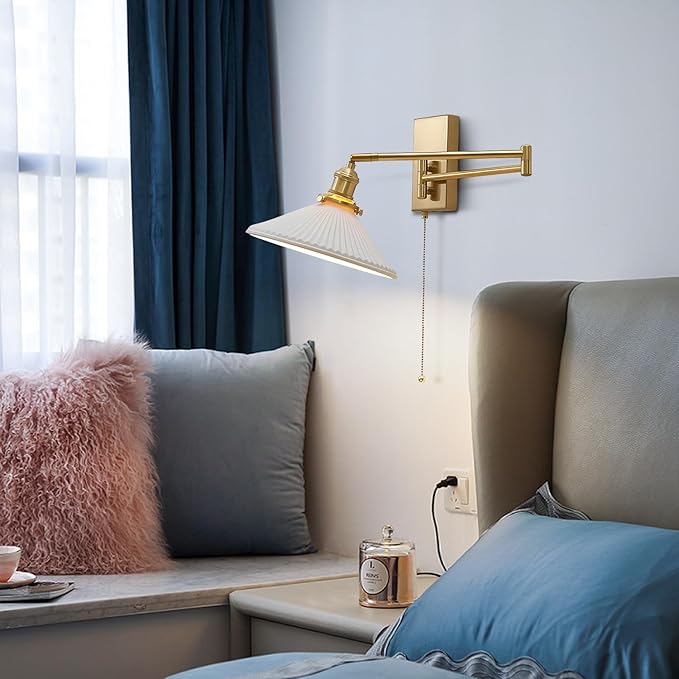 Vintage Milk Glass Wall Sconce Modern Rushed Brass Swing Arm Wall Light Mid Century Gold Wall Sconce with Pull Chain Wall Mounted Light Fixture White Ceramic Wall Lamp for Bedroom MWL14A-1