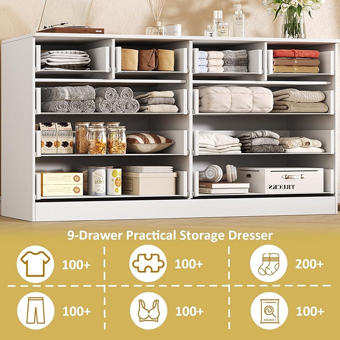 Fluted 10 Drawer Dresser for Bedroom,55.1''W Modern Dresser for Closet with Metal Handle, Wooden Chest of Drawers for Bedroom, Living Room, Hallway,White