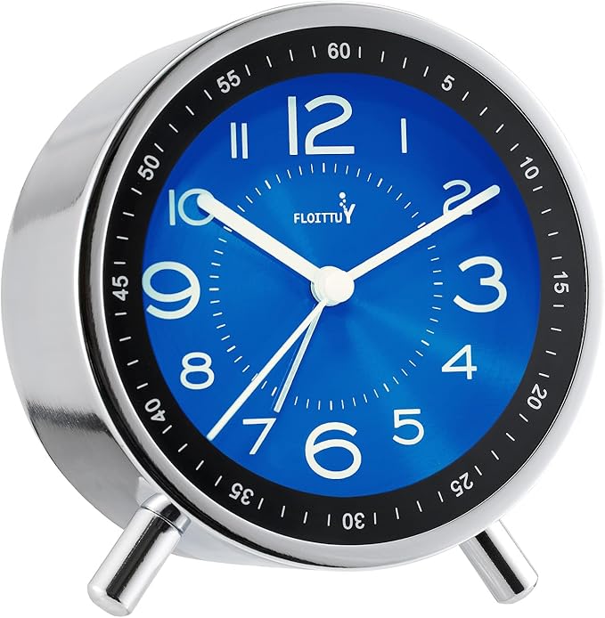 FLOITTUY Super Silent Metal Alarm Clock,Beep Wake Round Alarm Clock with Strip Night Light,Battery Operated,Easy Set,Simple & Retro for Desk, Bedroom and Home Decoration(Royal Blue)