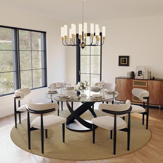 POVISON 59" Modern Round Dining Table, Glass Round Kitchen Table for 6, Glass Dining Room Table Top with Black X Carbon Steel Base for Dining Room (Dining Table Only)