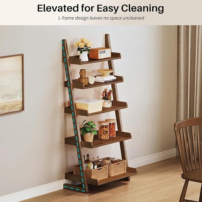 Walnut Wooden Ladder Shelf with Edges - 5 Tier Leaning Ladder Bookshelf Shelf Bookcase for Saving Space, Solid Wood Book Shelf for Living Room, Bedroom, Home Office, 23.6" Dx15.7 Wx55.1 H
