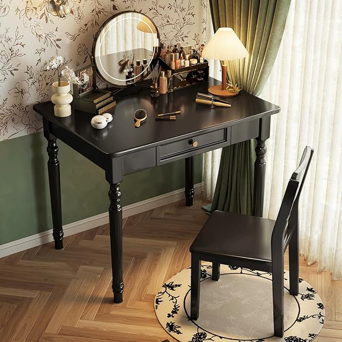 Solid Wooden Desk with Drawers, Small Writing Desk with Drawers for Computer, PC Desk for Work, Study or Gaming, Easy to Assemble (Black, 31.5IN)