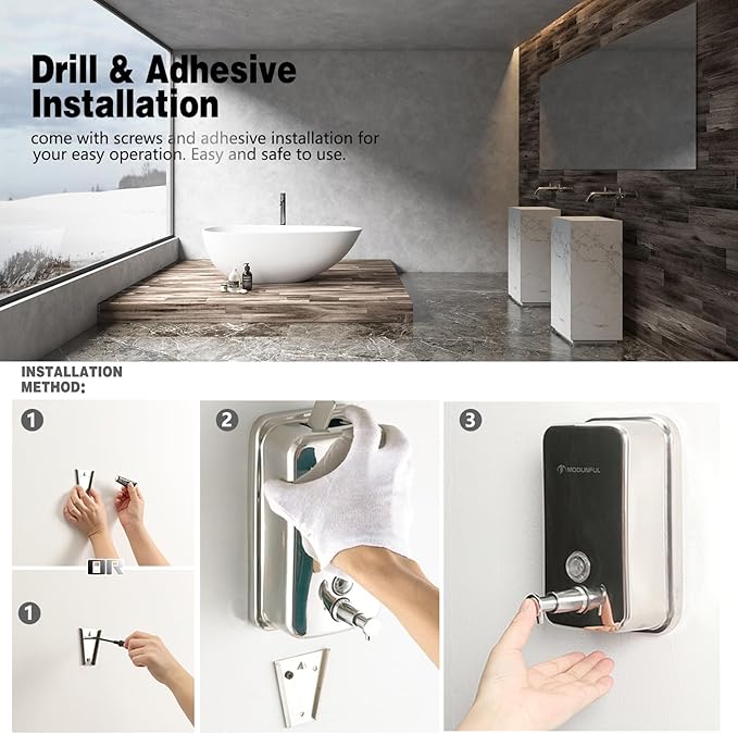 modunful Stainless Steel Soap Dispenser – 27oz Wall Mounted for Family Use, Brushed Nickel, Leak-Proof Pump, Durable Design for Busy Households