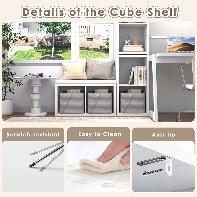 Endearing Limons【2026 Wooden Thick Border 2 Cube Shelf Storage Organizer with Anti-Tipping Kits + Reversible Open Back Bookcase (11 * 11 Unit Cell White)