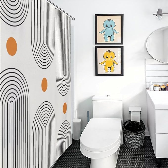 Mid Century Boho Shower Curtain for Bathroom, Retro Modern Minimalist Simple Sun Abstract Geometric Pattern 1950s 1960s Waterproof Fabric Shower Curtain Set with Hooks, 72"x72"