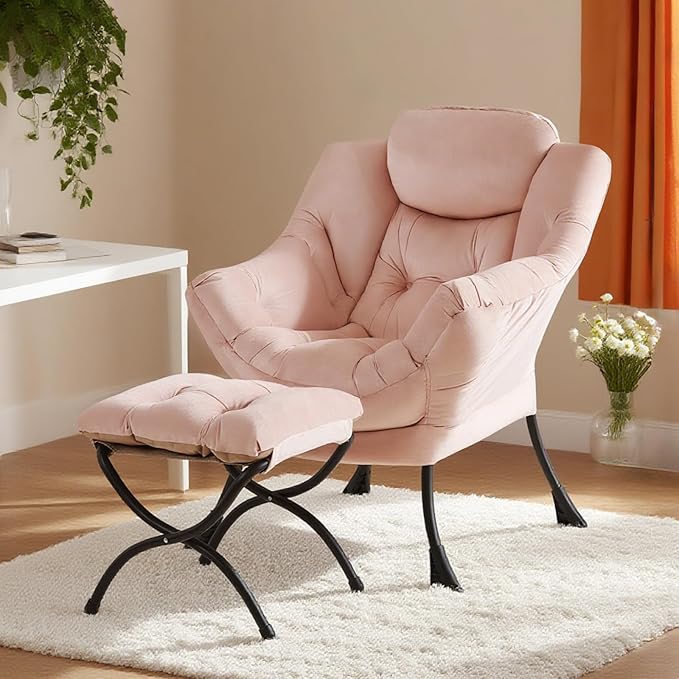 Tiita Lazy Chair with Ottoman, Pink Modern Large Accent Chair, Comfy Leisure Sofa Armchair with Ottoman, Reading Chair with Footrest for Bedroom, Living Room, Dorm Rooms, Velvet Pink