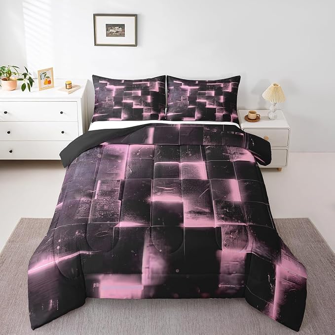 Pink and Black Bedding King 3D Glowing Buffalo King Comforter Set, Modern Abstract Art Bedding Comforter Sets Geometric Plaid Duvet Insert, Gradient Futuristic Cubes Down Comforter (Black Reversible)