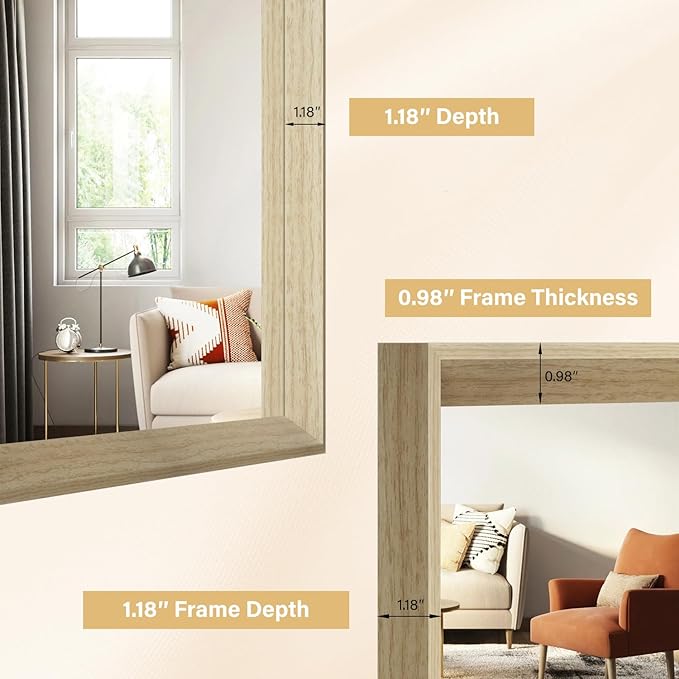 Oak Wood Effect Framed Wall Mirror, 30x40 Rectangle Mirror, Anti-desilvering Tempered Glass, Sustainable& Sturdy Frame, Anti-Rust, HD Reflection &3min Fast Setup for Bathroom Living Room