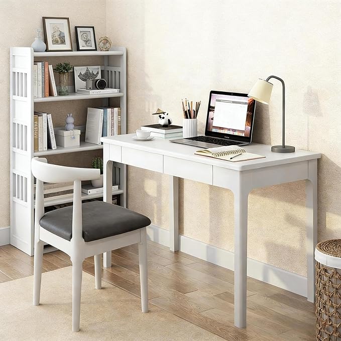 Solid Wood Desk with Drawers, Mid Century Modern Home Office Writing Desk, Vintage Computer Desk with Storage for Living Room, Bedroom(80x56x75cm, White)