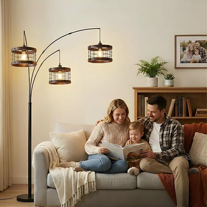 3-Lights Vintage Wood Floor Lamps for Living Room, Black Arc Floor Lamp for Bedroom, Industrial Standing Lamp for Office, Dimmable Tall Lamp, Arched Corner Floor Lamp, Over Couch Reading Lamp