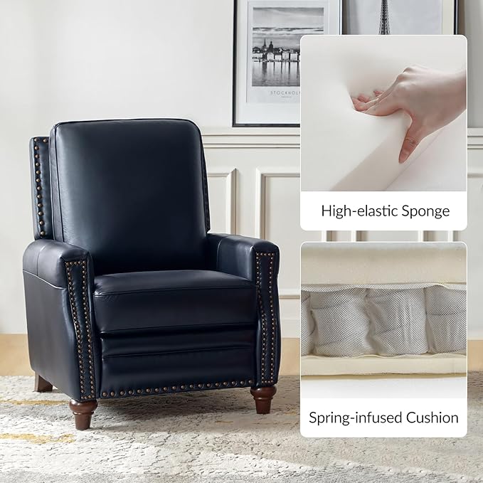 HULALA HOME Genuine Leather Recliner Chair, Classic Push Back Recliner Armchair with Thick Seat and Backrest (Navy)