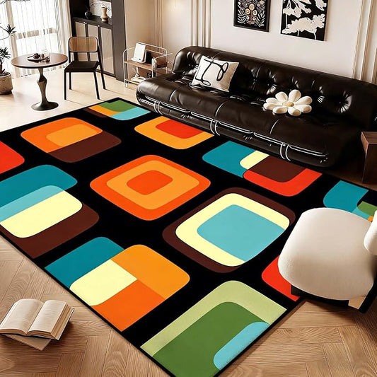 Mid Century Modern Rug, Colorful Abstract Geometric Area Rug, Retro Atomic Starburst Rugs, Washable Non-Slip Soft Low Pile 1950s Carpet for Living Room, Bedroom (8' x 12'(Rectangular))
