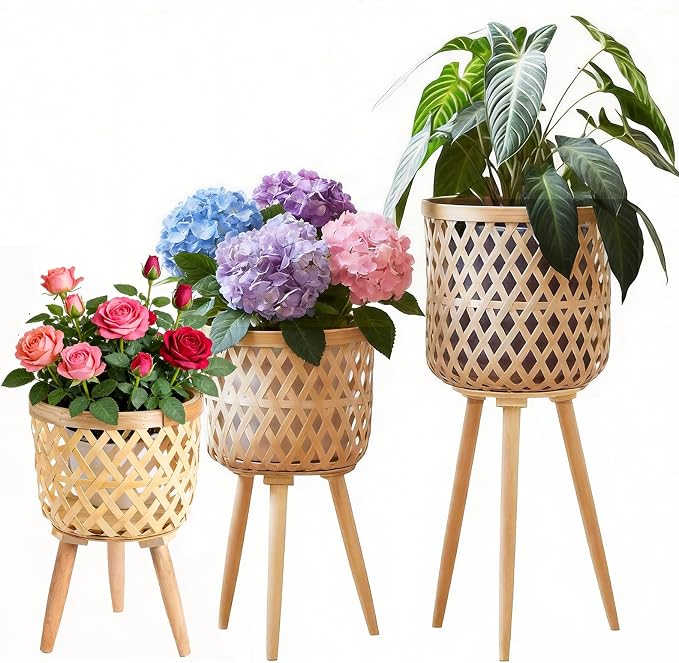 Boho rattan plant stand set of 2/3 – handwoven tall elevated wicker plant baskets for indoor plants, mid-century modern wooden planter holder with tripod legs,no-tool assembly，apartment gardening， farmhouse home decor, ideal gift for houseplant lovers