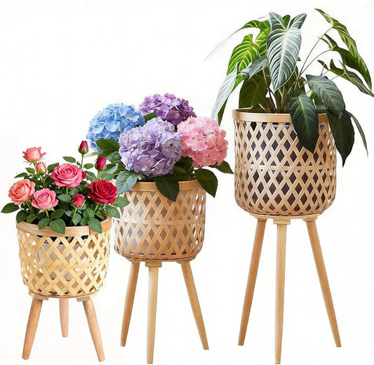 Boho rattan plant stand set of 2/3 – handwoven tall elevated wicker plant baskets for indoor plants, mid-century modern wooden planter holder with tripod legs,no-tool assembly，apartment gardening， farmhouse home decor, ideal gift for houseplant lovers