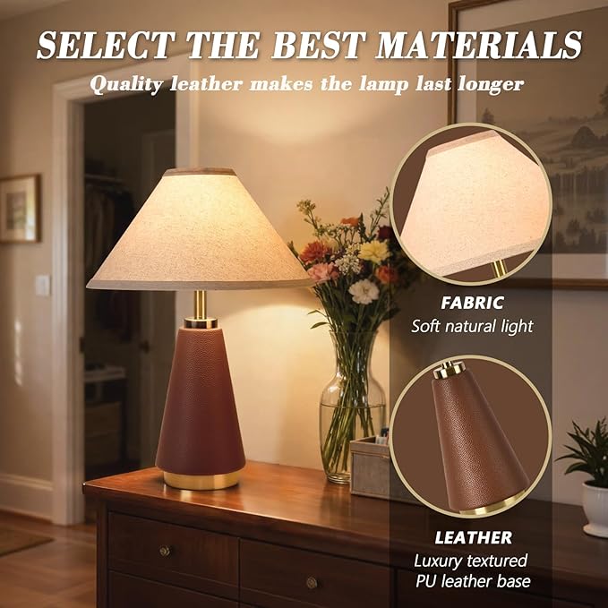 18.11 Inch Brown Table Lamp Set of 2, Farmhouse Table Lamps with Beige Fabric Shade, PU Leather for Kitchen Counter, Bedroom, Nightstand, Desk Lighting, Bookshelf, Living Room, Kids Dorm