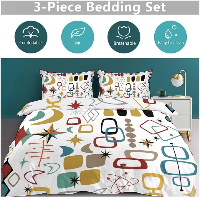 Mid Century Modern Bedding Set,Retro Geometric Colorful Diamond Abstract Geometric Vintage 60s 70s Pattern Comforter Set with Pillowcase for Bedroom Bed Decor,Full 79"x90"
