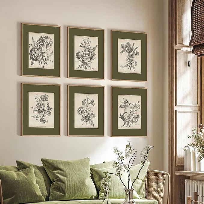 Vintage Floral Wall Art Sketch Flower Prints Antique Botanical Canvas Wall Art Decor Vintage Etchings Floral Poster Green Botanical Painting Sage Green Artwork for Bedroom 12x16x6 Inch Unframed
