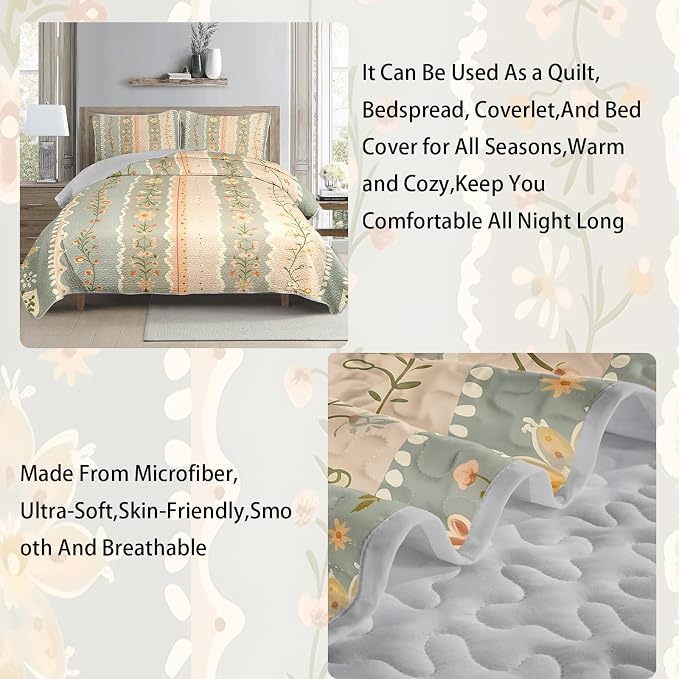 AILONEN King Quilted Comforter Set 3 Piece, Luxury Floral Vertical Bedspread Coverlet with 2 Pillowcases, Premium Apricot Bloom Bedding for Adults Suite Home Decor Upgrade Classic Forest