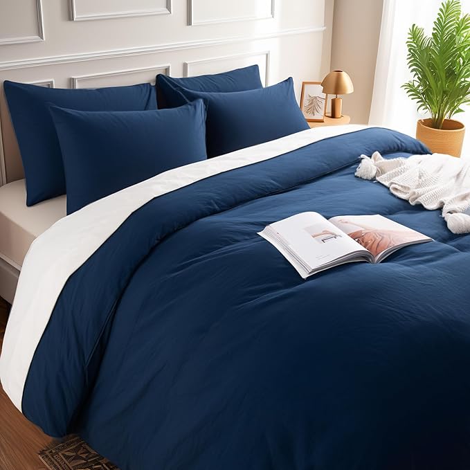 NEXHOME PRO Twin Duvet Cover Set, 100% Certified Organic Cotton with Washed Feel & Linen Like Texture, Comfortable & Breathable, Home Bedding Set Navy (No Comforter)
