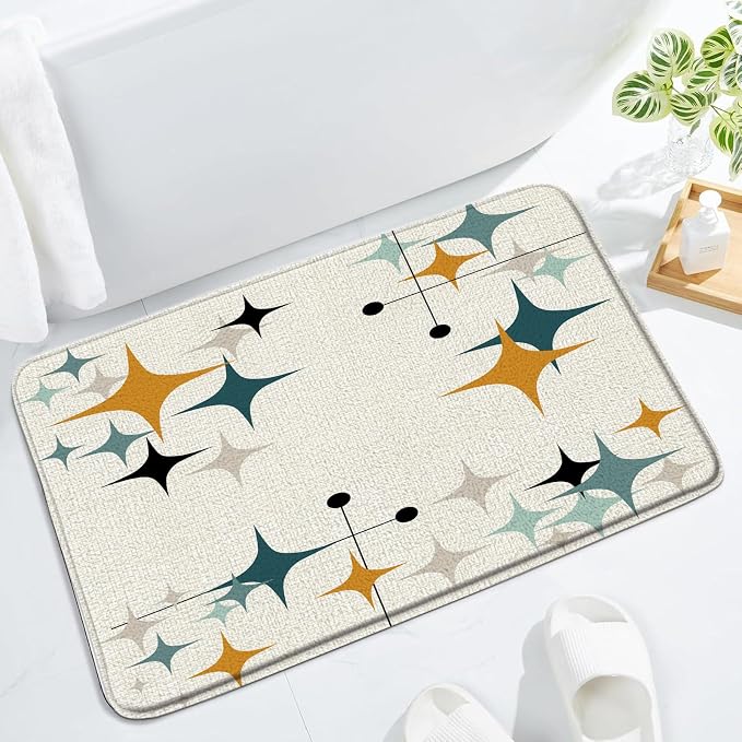 Mid Century Bath Mat Retro Atomic Stars 1950s 1960s Vintage Geometric Pattern Abstract Iconic Modern Orange 19.7x31.5 Inches Polyester Fabric Bathroom Rugs
