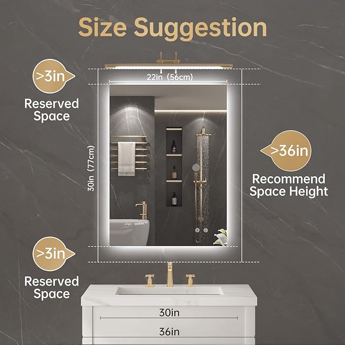 LOVESPEJO 22"x30" Backlit Mirror Bathroom, Lighted Bathroom Mirror with Lights, Fogless, Dimmable, 3 Color Changing, Shatterproof, Horizontal/Vertical（no Motion Sensor）