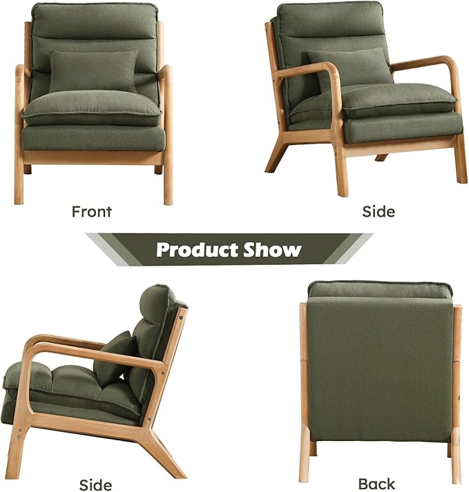 Mid Century Modern Accent Chair, Upholstered Lounge Armchair with Plump Back Pillow, Comfy Reading Chair with Solid Wood Frame for Bedroom Living Room, Green