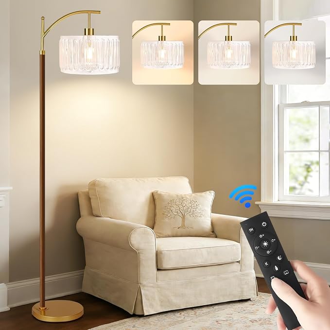 ILLMTW Arc Floor Lamp for Living Room,Bedroom,Glass Mid Century Modern Standing Lamp with Remote Dimmable,Wood Vintage Gold Tall Lamp White Lamp Shade Floor Lights Boho Bohemian Tiffany Style