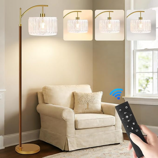 ILLMTW Arc Floor Lamp for Living Room,Bedroom,Glass Mid Century Modern Standing Lamp with Remote Dimmable,Wood Vintage Gold Tall Lamp White Lamp Shade Floor Lights Boho Bohemian Tiffany Style