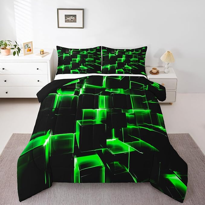 Erosebridal Honeycomb Bedding Set King Size, 3D Modern Abstract Square Grid Comforter for Kids Girls Boys Green Neon Light Geometric Print Bed Set Bedroom Decor, 3 Pieces