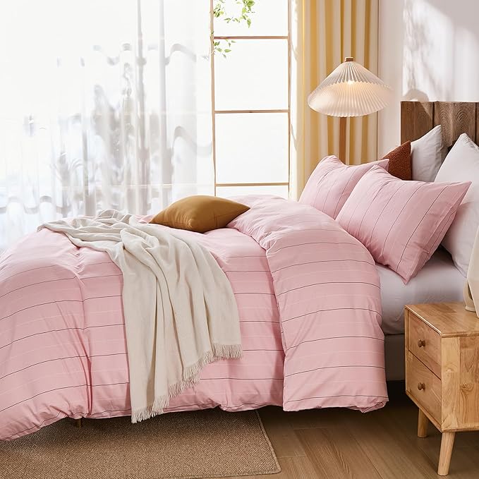 Merryword Pink Striped Duvet Cover Set Queen Size - 100% Cotton Bedding Set with Wide Zipper & 8 Corner Ties, Soft Breathable Bedding Set Elegant Pastel Comforter Cover for All Seasons