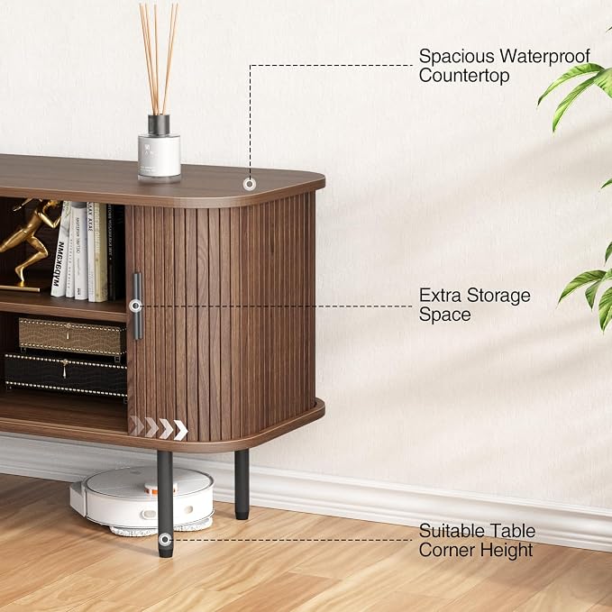 55''W Storage Cabinet, Fluted Sideboard Buffet Cabinet with Storage, Console Table Credenza with Tambour Slatted Sliding Doors and Shelves, Modern TV Stand for Living Room, Kitchen, Entryway, Walnut