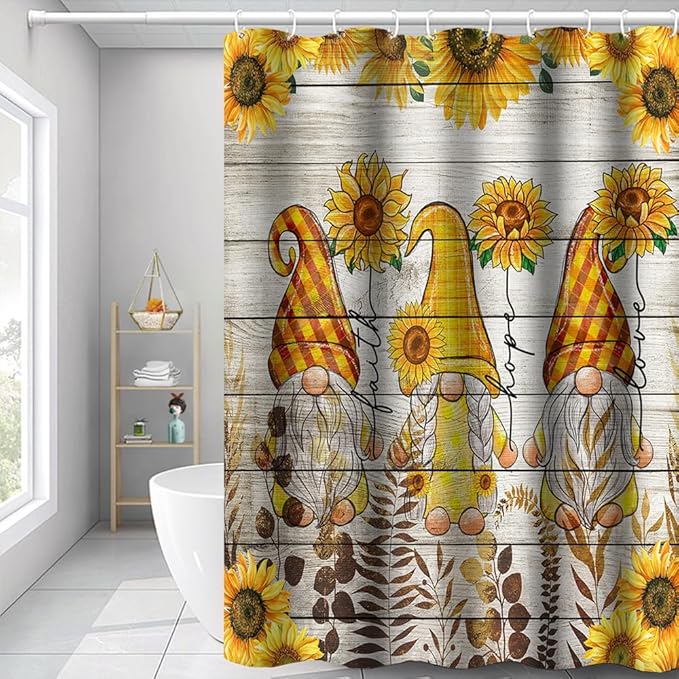 Farmhouse Sunflowers Shower Curtains for Bathroom 72x72 Inch Funny Gnomes Wild Plants Country Wood Plank Bath Curtain Polyester Durable Fabric Decor Set with Plastic Hooks